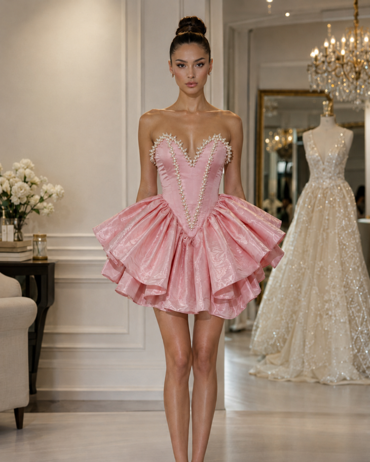 Rosalie Blush – İnci İşlemeli Couture Mini Elbise