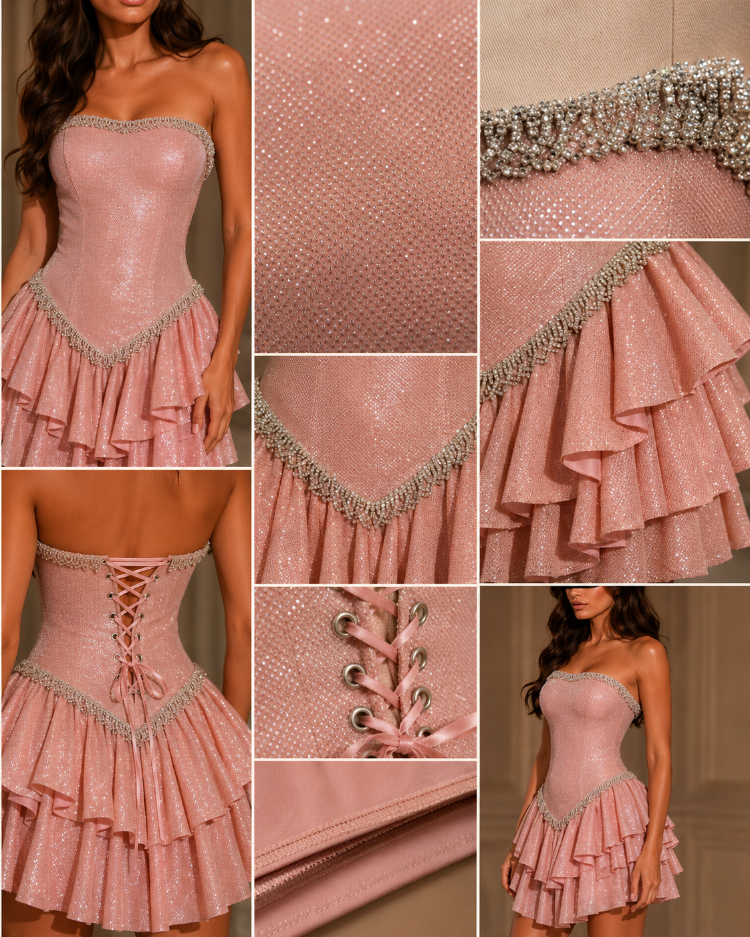 Luna Blush – Pudra Işıltılı Korse Mini Elbise