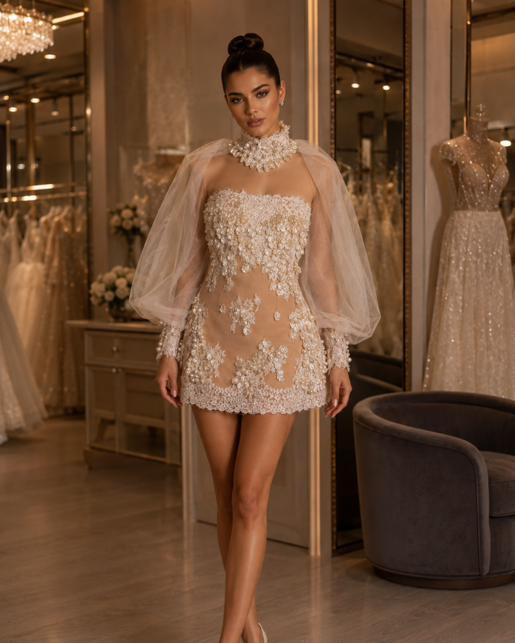Celeste Royale – Yüksek Yakalı Couture Mini Elbise