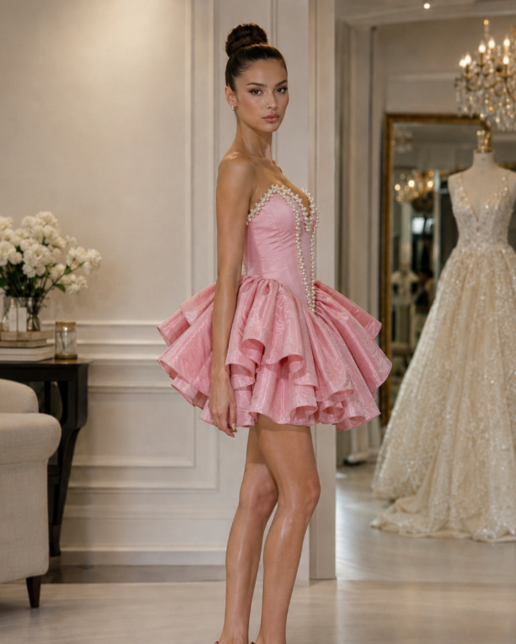 Rosalie Blush – İnci İşlemeli Couture Mini Elbise