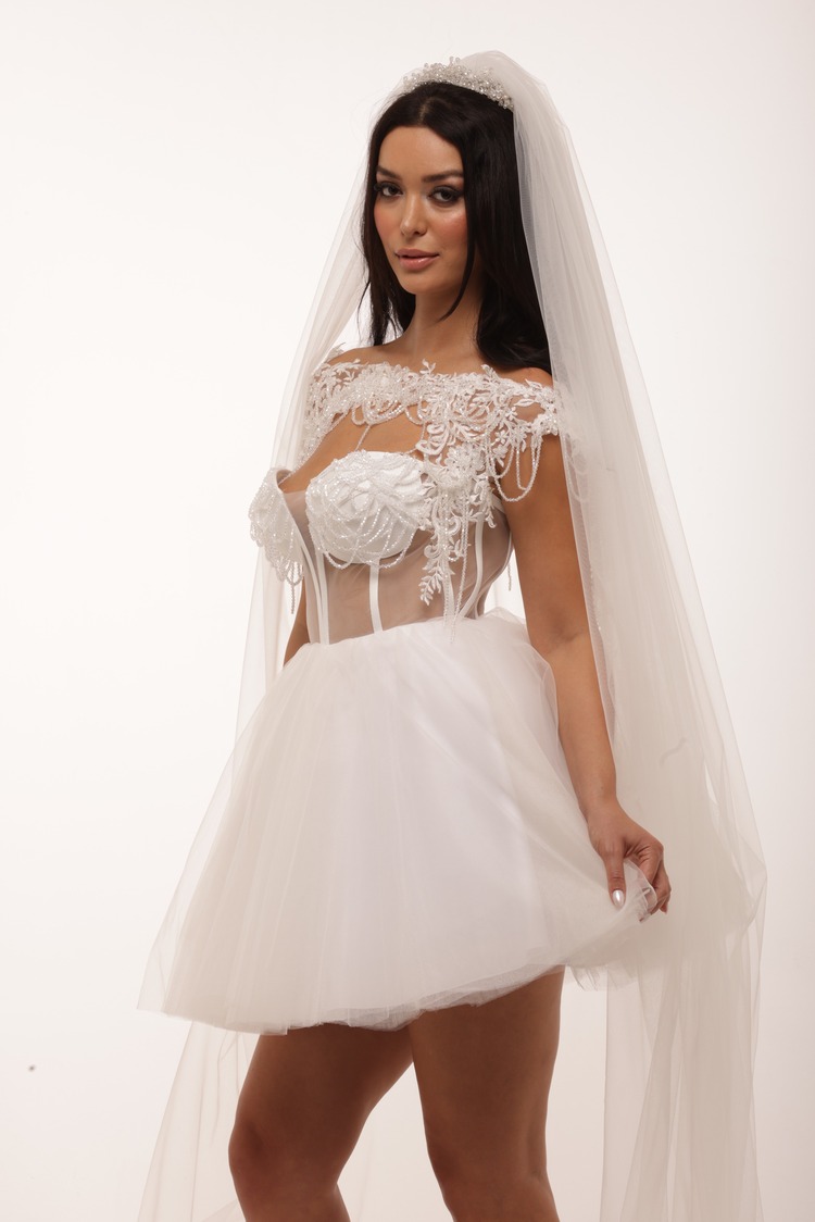 Dione Bridal – Beyaz Kabarık Mini Elbise