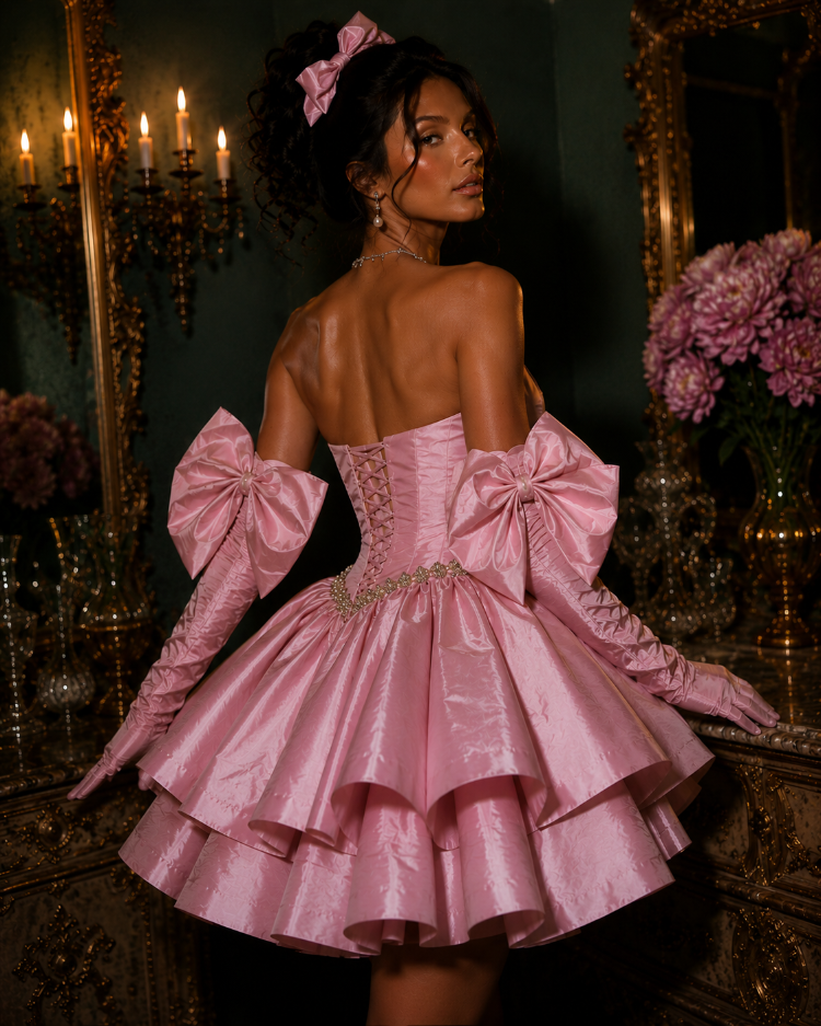 Barok Prenses – Tafta Pembe Couture Mini Elbise