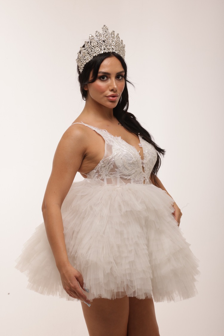 Saraswati Bridal – Beyaz Kat Etekli Mini Elbise