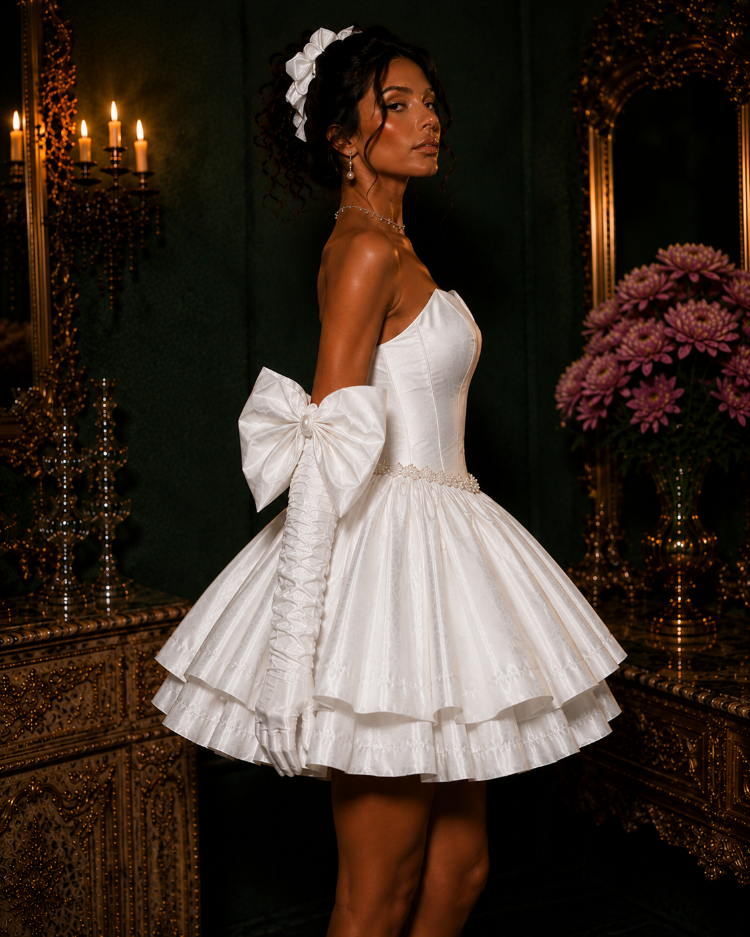 Barok Prenses – Tafta Beyaz Couture Mini Elbise