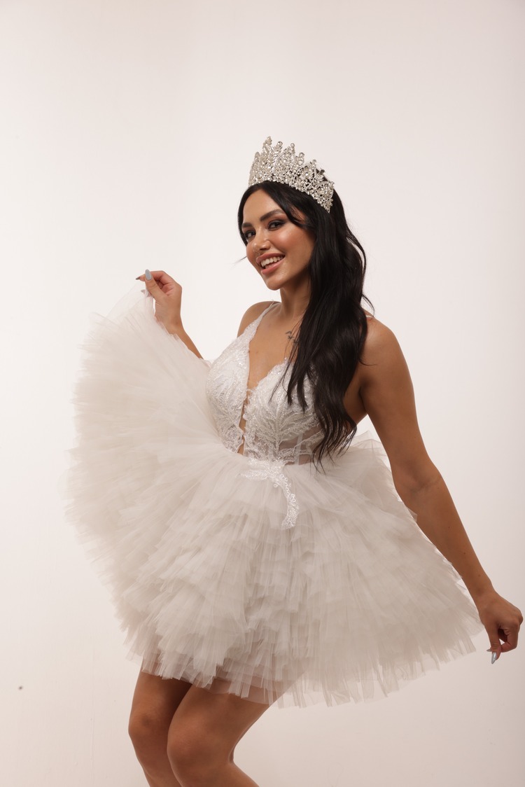 Saraswati Bridal – Beyaz Kat Etekli Mini Elbise