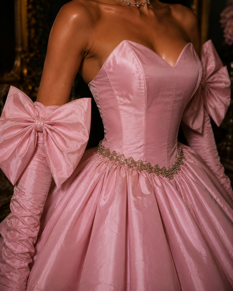 Barok Prenses – Tafta Pembe Couture Mini Elbise