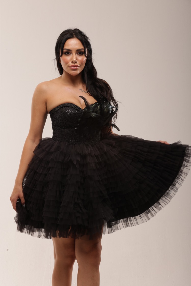 Bastet Noir – Siyah Tüylü Couture Mini Elbise