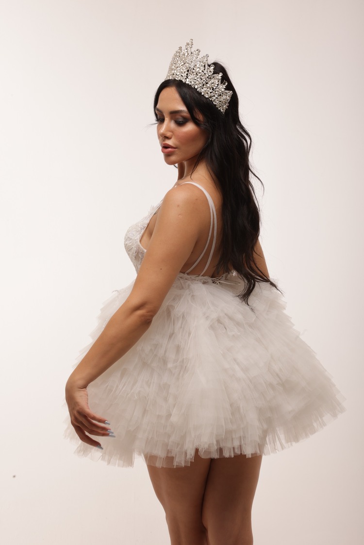 Saraswati Bridal – Beyaz Kat Etekli Mini Elbise
