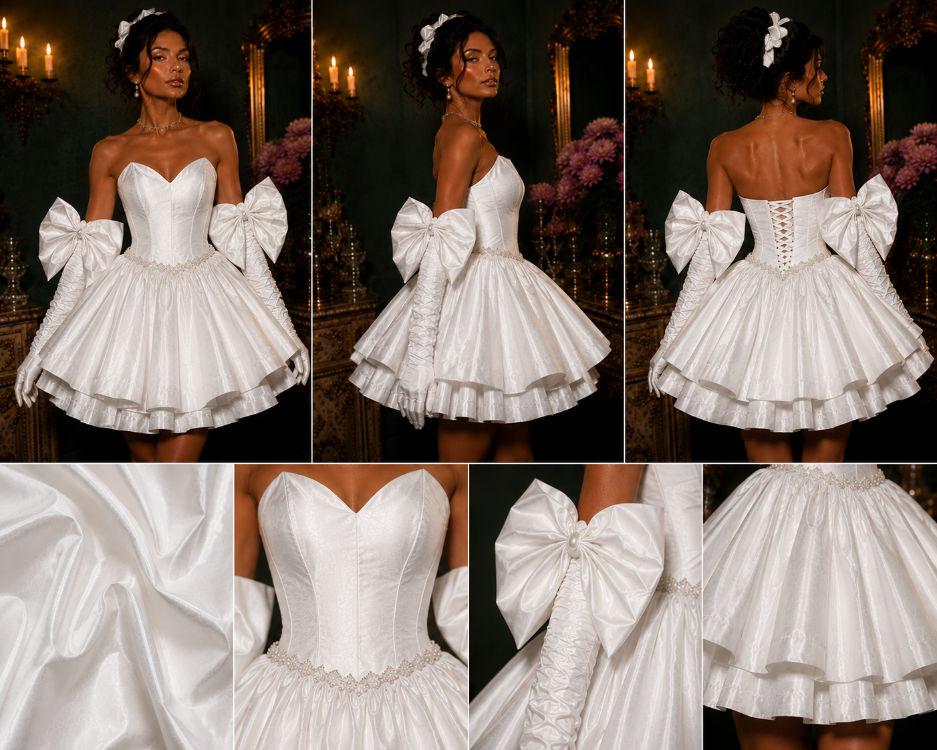 Barok Prenses – Tafta Beyaz Couture Mini Elbise