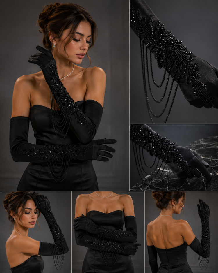 Velvet Noir – El İşlemeli Kadife Uzun Eldiven