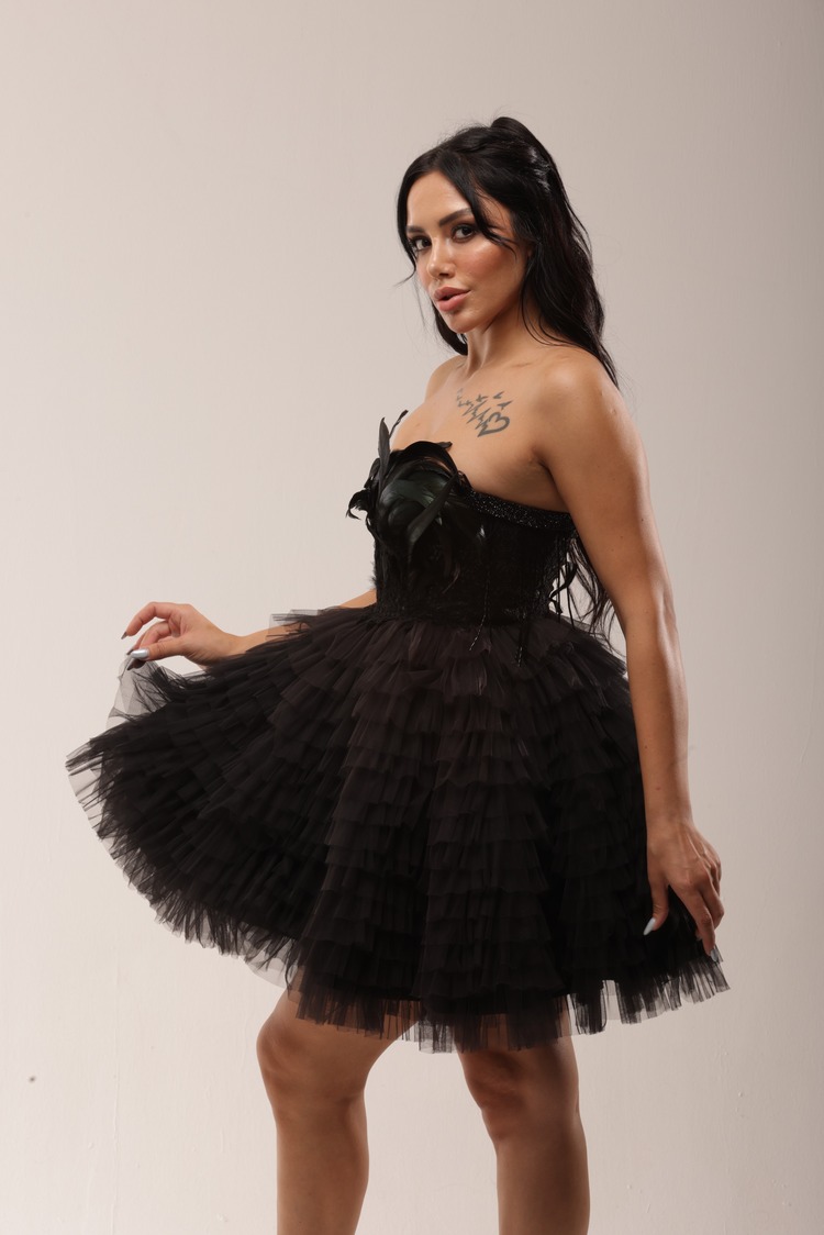 Bastet Noir – Siyah Tüylü Couture Mini Elbise