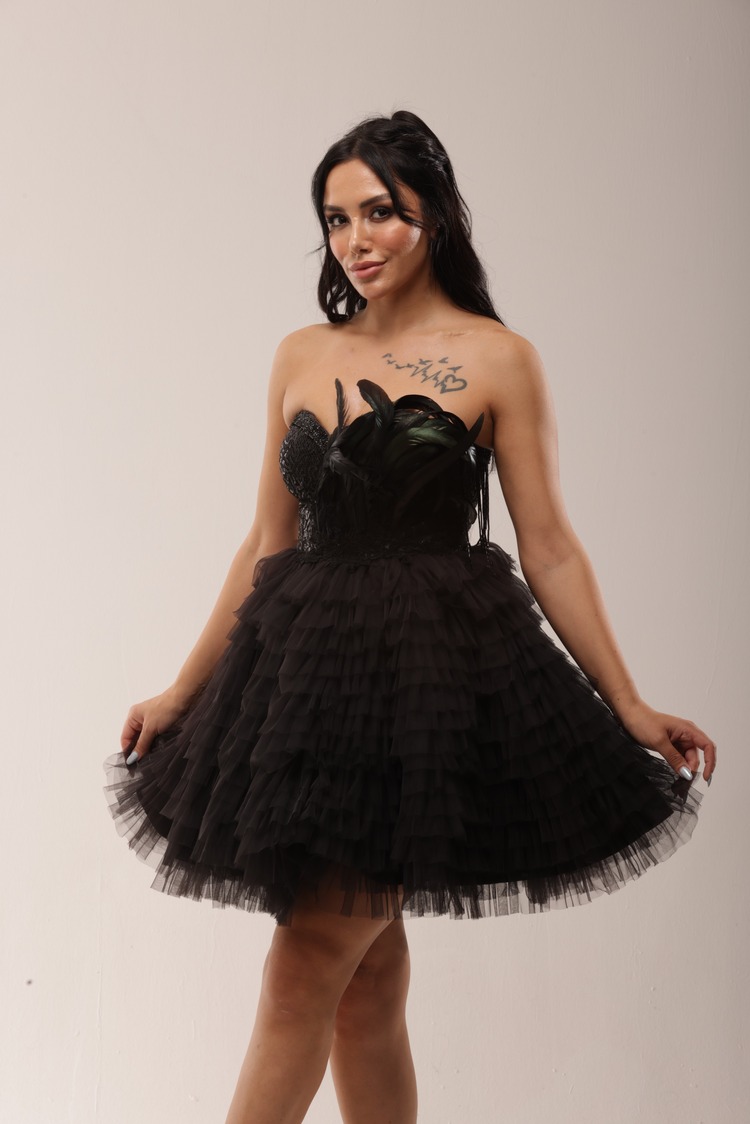 Bastet Noir – Siyah Tüylü Couture Mini Elbise