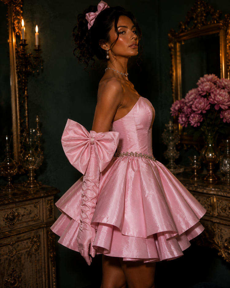 Barok Prenses – Tafta Pembe Couture Mini Elbise