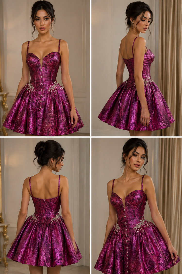 Aurora Magenta – Kristal İşlemeli Fuşya Mini Elbise