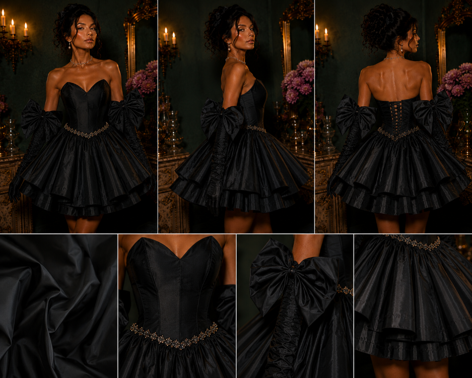 Barok Prenses – Tafta Siyah Couture Mini Elbise