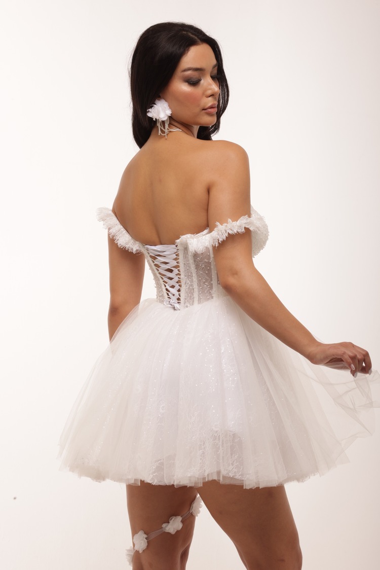 Hebe Bridal – Beyaz İnce Dantelli Mini Elbise