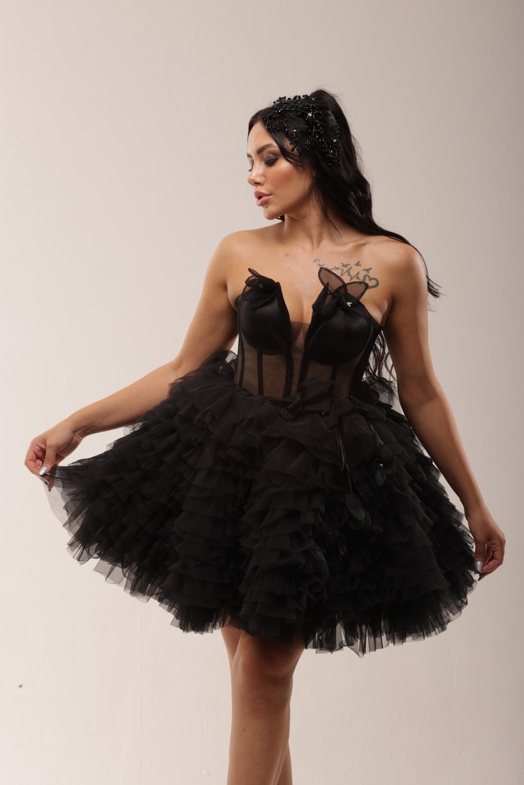 Diana Noir – Siyah Tül Kabarık Mini Elbise