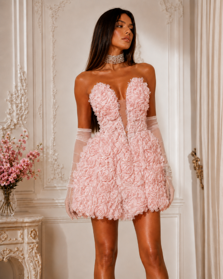 Black Rose – Siyah Üç Boyutlu Gül Aplikli Mini Elbise