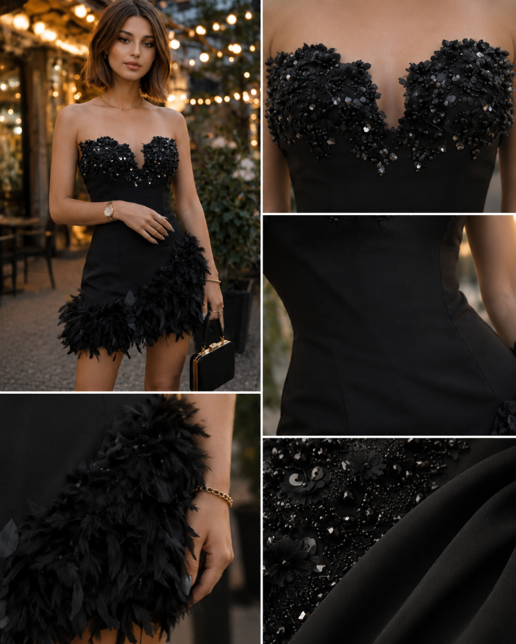 Midnight Blossom – Siyah İşlemeli Tüylü Mini Elbise