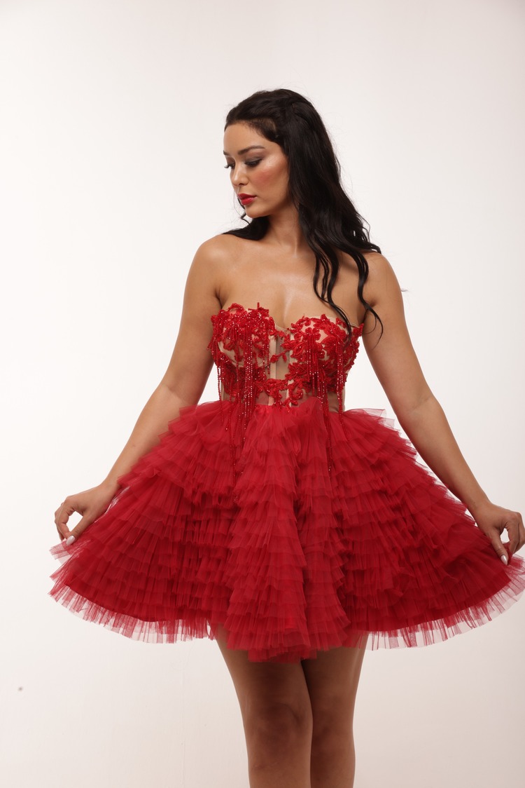 Astarte Rouge – Kırmızı Boncuk İşlemeli Tül Mini Elbise