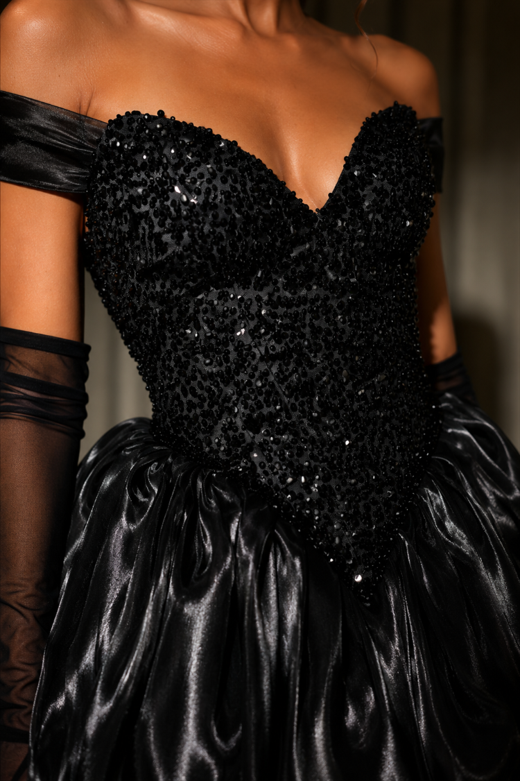Noir Rococo – Boncuk İşlemeli Korse Siyah Mini Elbise