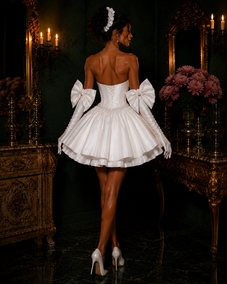 Barok Prenses – Tafta Beyaz Couture Mini Elbise