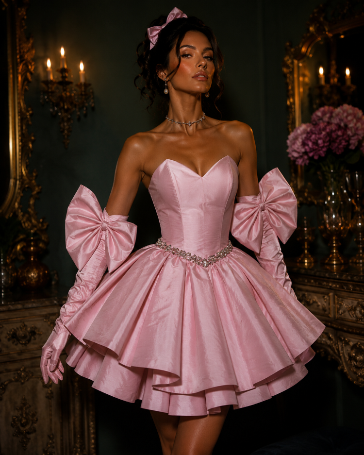 Barok Prenses – Tafta Pembe Couture Mini Elbise