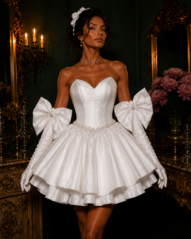 Barok Prenses – Tafta Beyaz Couture Mini Elbise