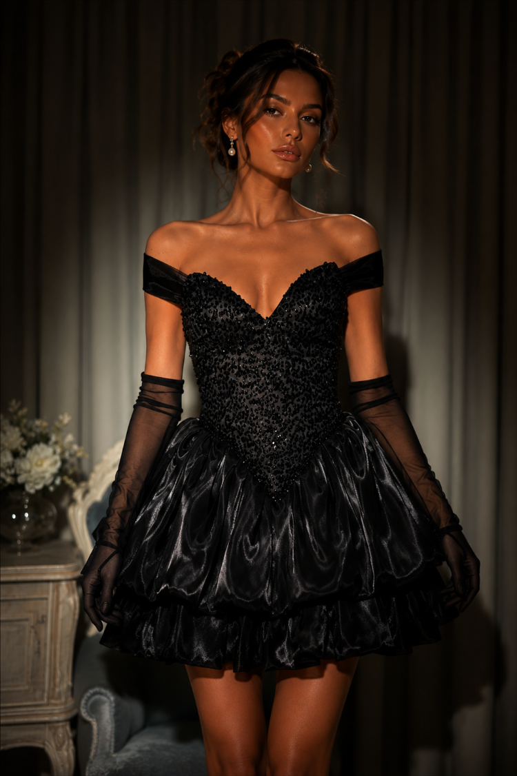 Noir Rococo – Boncuk İşlemeli Korse Siyah Mini Elbise