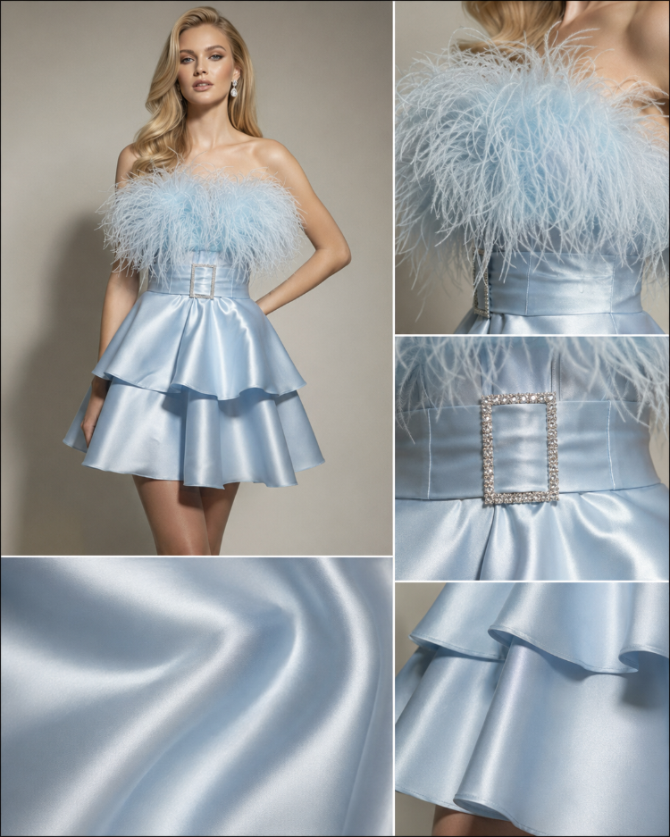 Dreamy Blue – Bebe Mavi Tüy Detaylı Korse Mini Elbise
