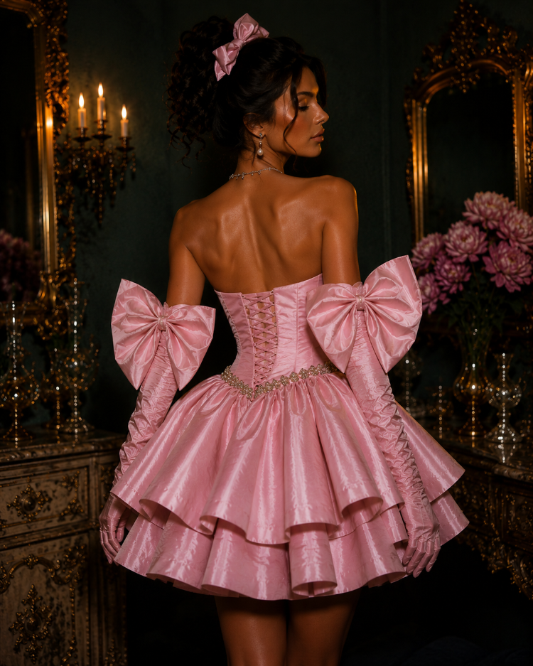 Barok Prenses – Tafta Pembe Couture Mini Elbise