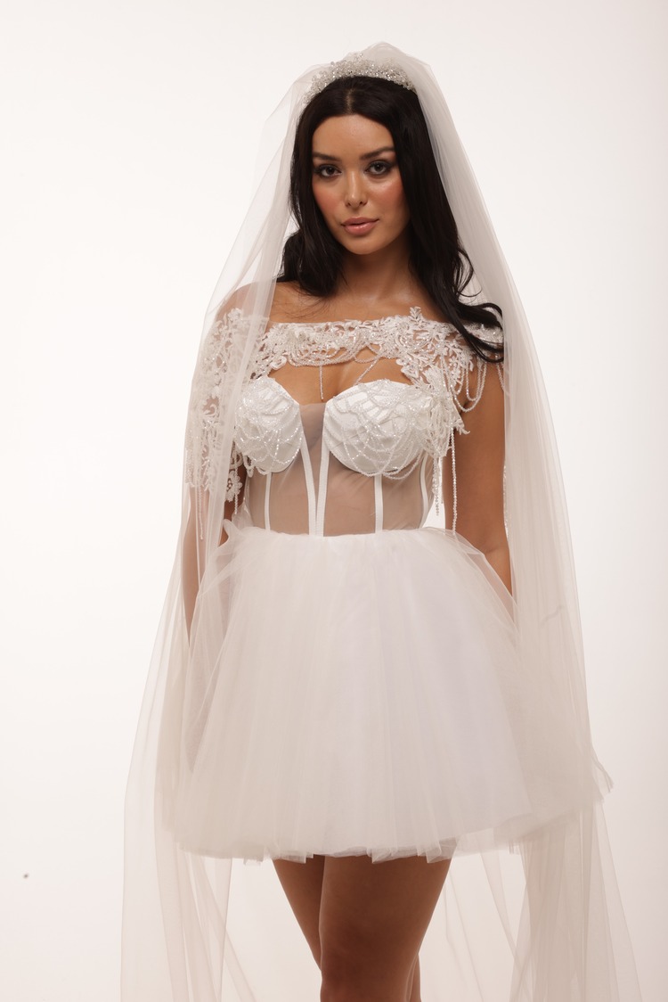Dione Bridal – Beyaz Kabarık Mini Elbise