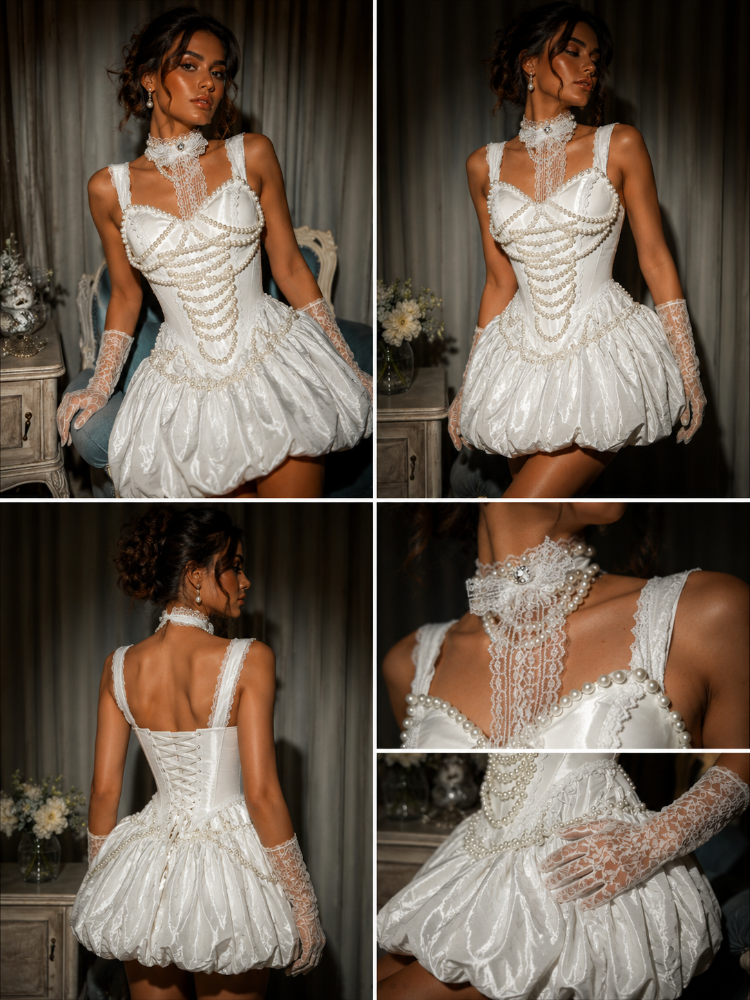 Victoria – İnci İşlemeli Beyaz Mini Elbise