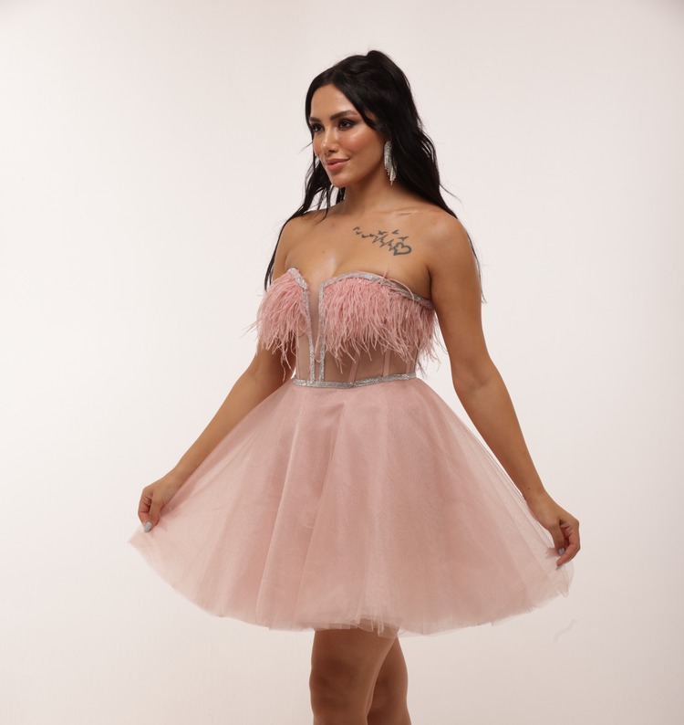 Ariadne Blush – Pudra Tüylü Couture Mini Elbise