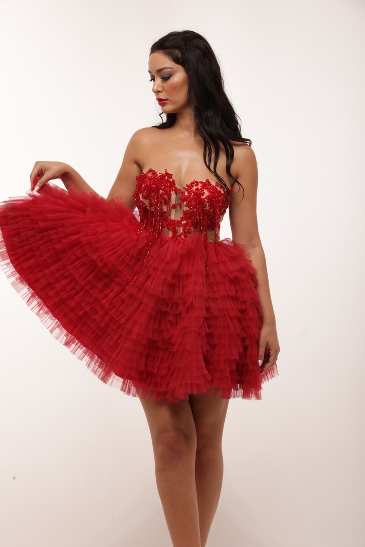 Astarte Rouge – Kırmızı Boncuk İşlemeli Tül Mini Elbise