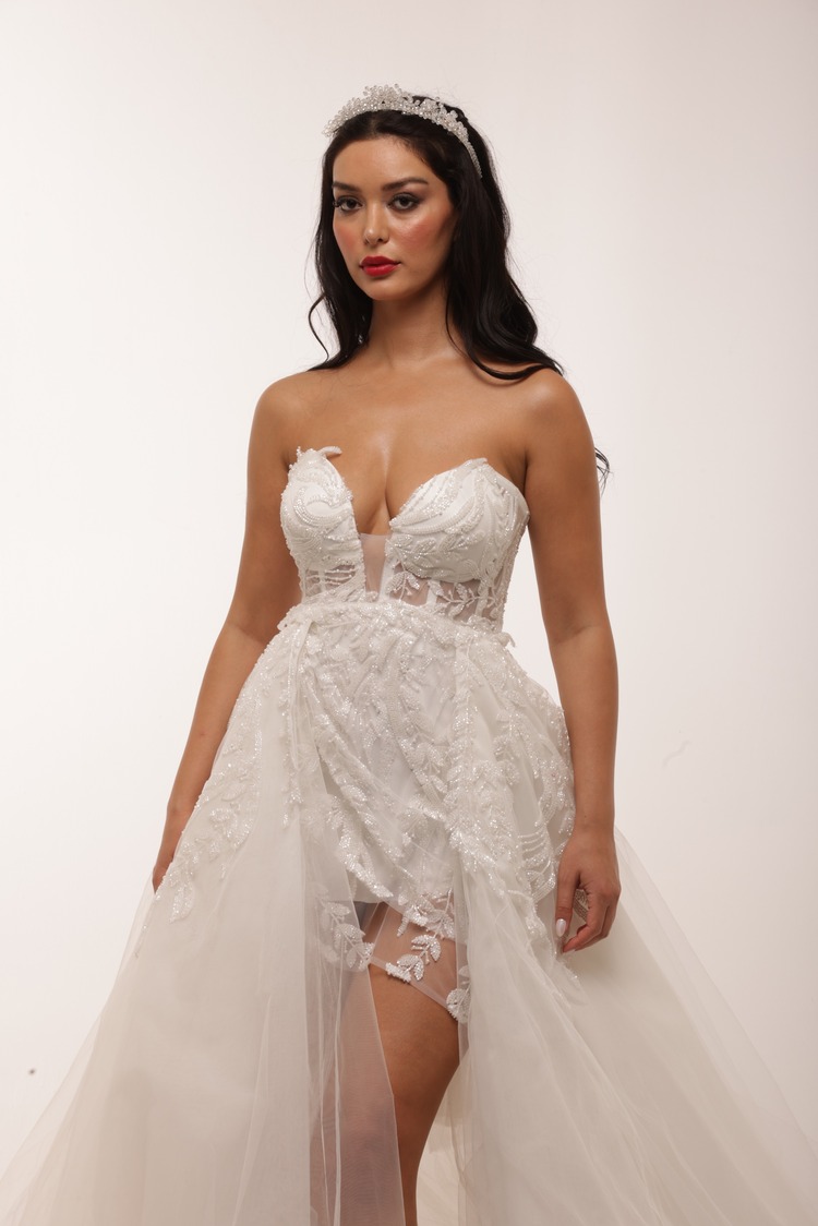 Frigg Bridal – Portatif Kuyruklu Beyaz Mini Elbise