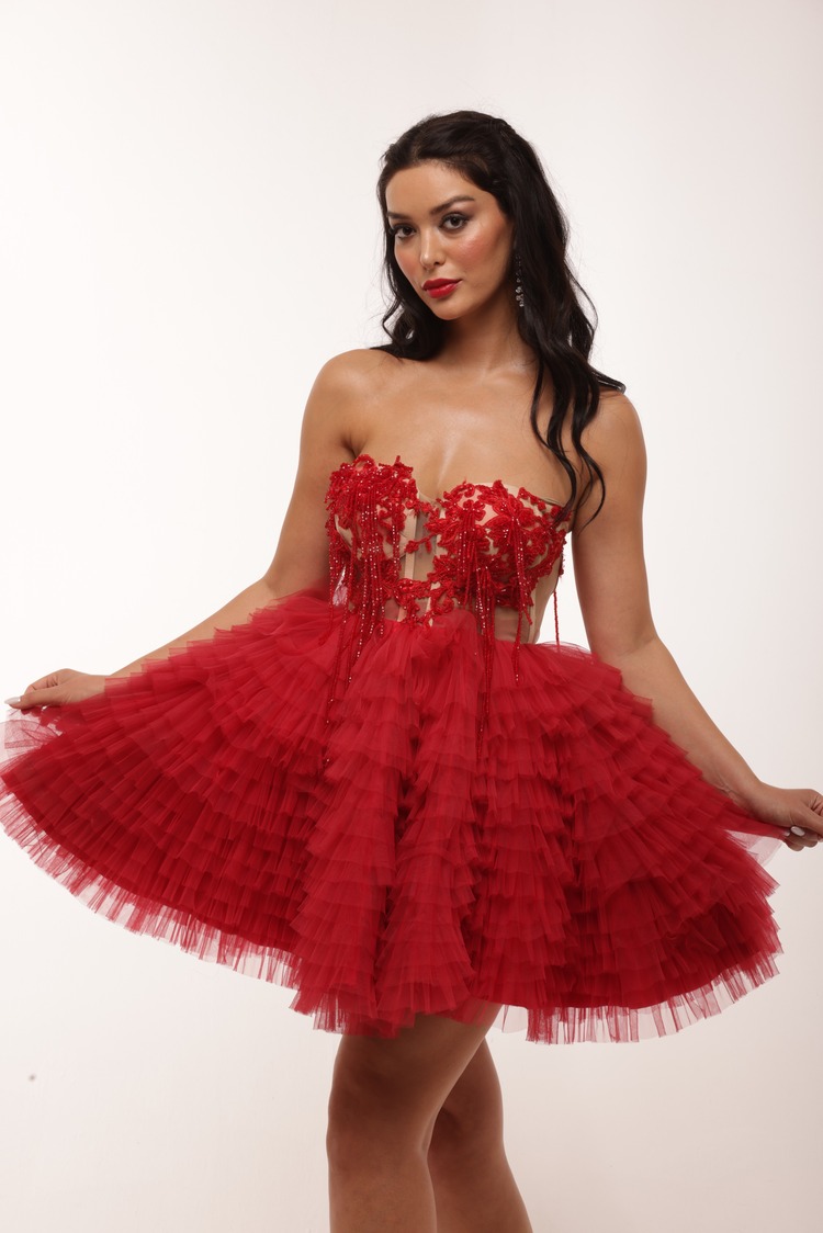 Astarte Rouge – Kırmızı Boncuk İşlemeli Tül Mini Elbise