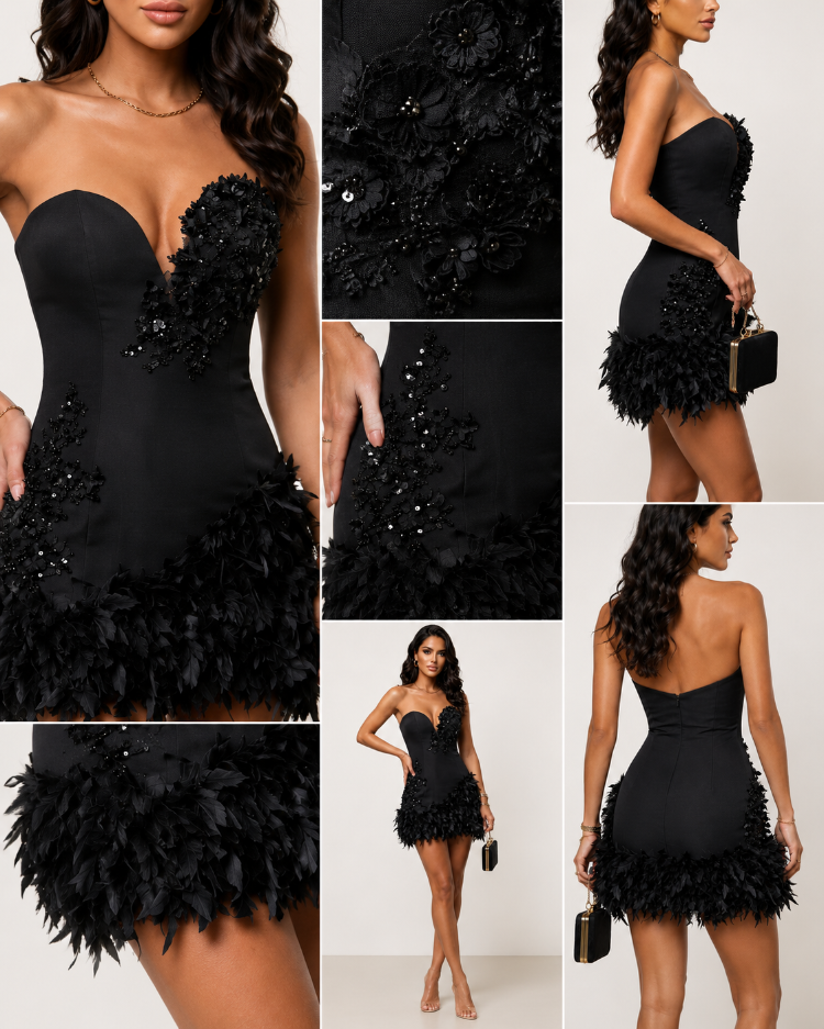 Noir Feather – Siyah Tüylü Couture Mini Elbise