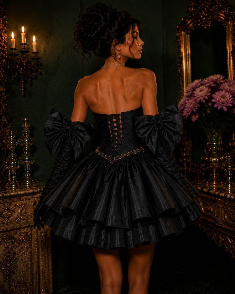 Barok Prenses – Tafta Siyah Couture Mini Elbise