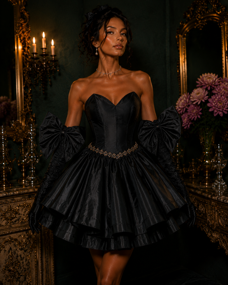 Barok Prenses – Tafta Siyah Couture Mini Elbise