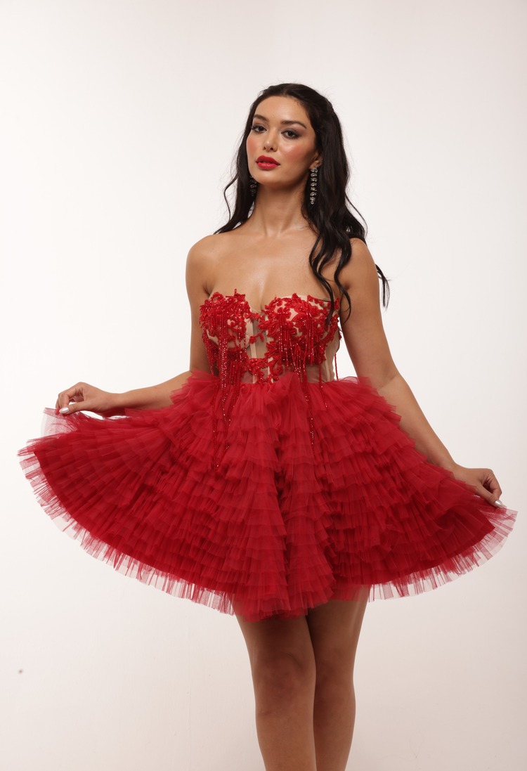 Astarte Rouge – Kırmızı Boncuk İşlemeli Tül Mini Elbise