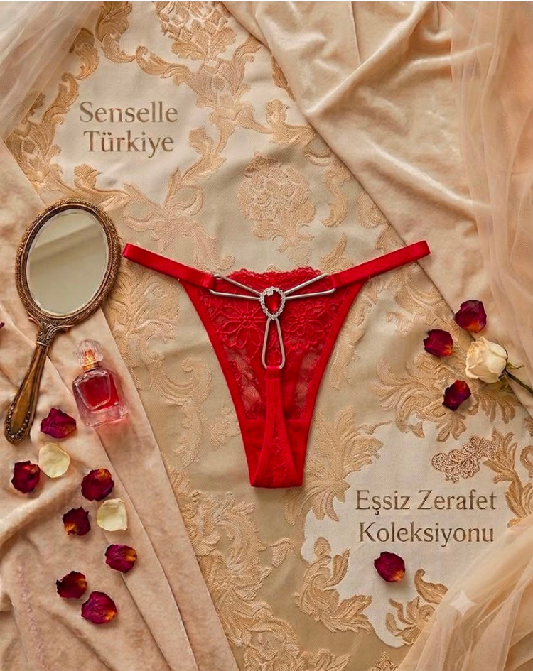 Senselle Premium Kırmızı Dantelli Çapraz Şeritli İp Külot (Thong)