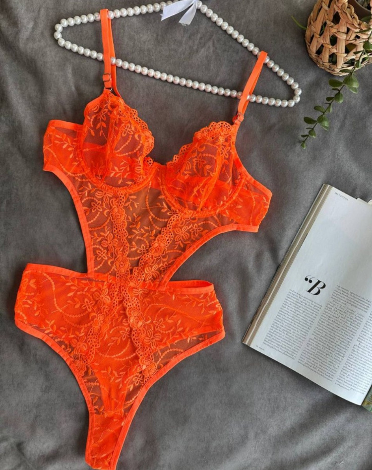 Senselle Neon Turuncu Balenli Floral Dantel Cut-Out Body / Vücut Çorabı