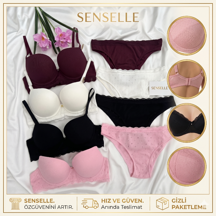 Senselle Cotton Dört Renk Sütyen & Çamaşır Seti 