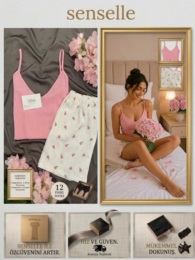 Senselle Pembe Lale Şortlu Pijama Takımı
