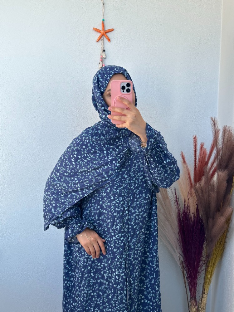 Şal Birleşik Namaz Elbisesi - Mavi Çiçekli