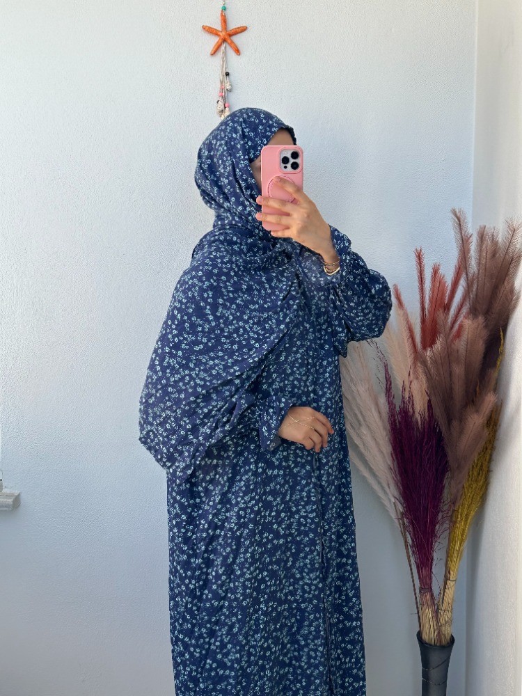 Şal Birleşik Namaz Elbisesi - Mavi Çiçekli