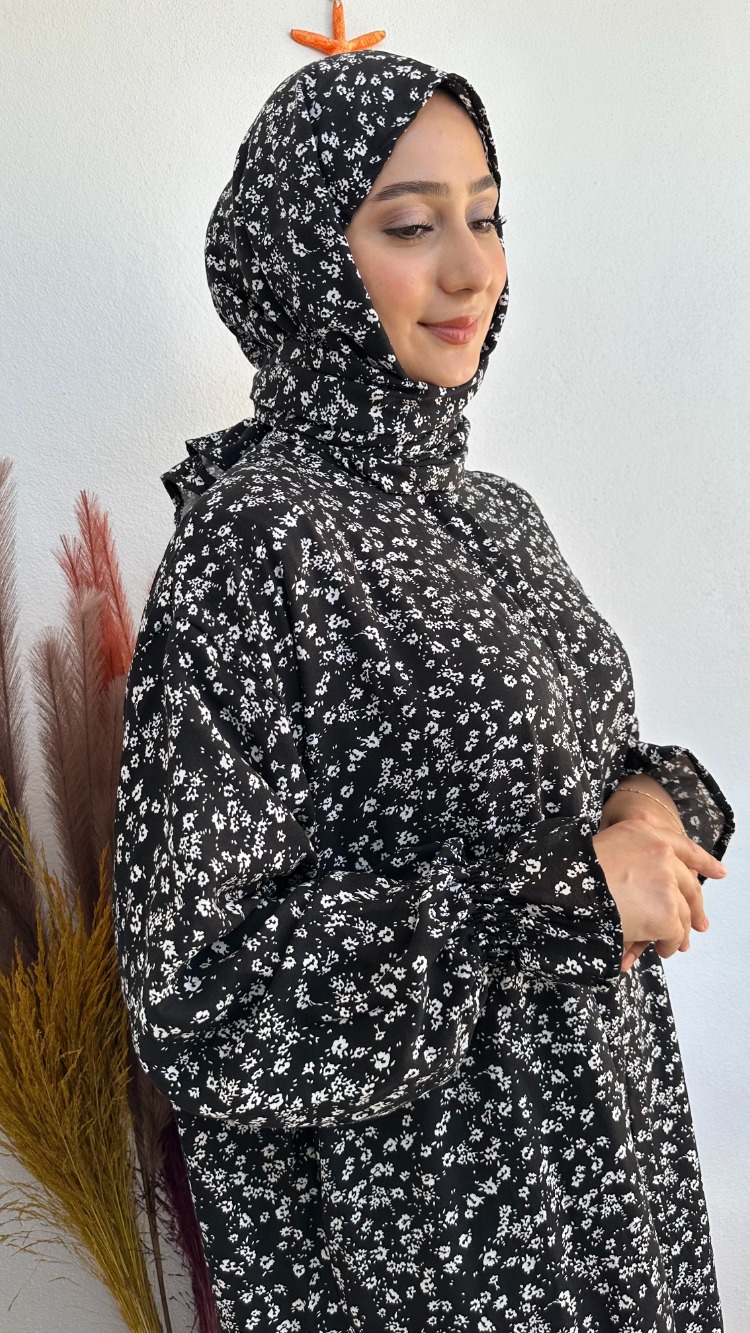 Şal Birleşik Namaz Elbisesi - Siyah Çiçekli