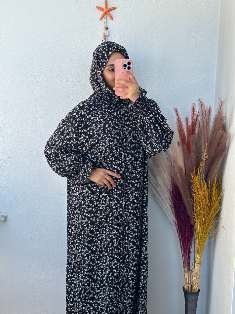 Şal Birleşik Namaz Elbisesi - Siyah Çiçekli