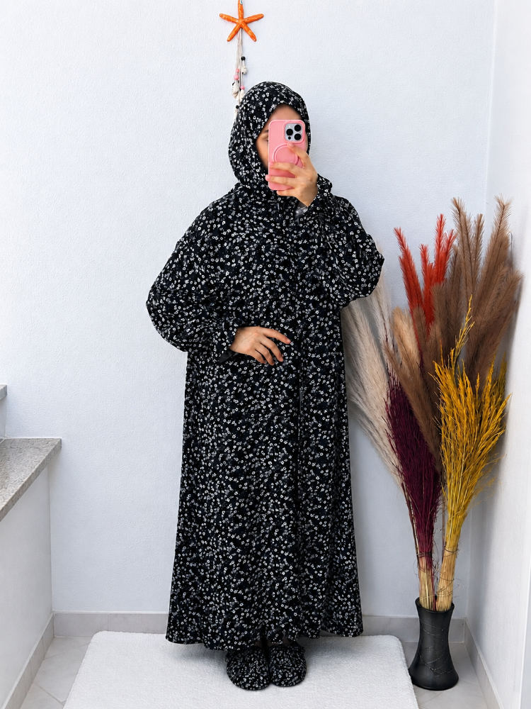 Şal Birleşik Namaz Elbisesi - Siyah Çiçekli